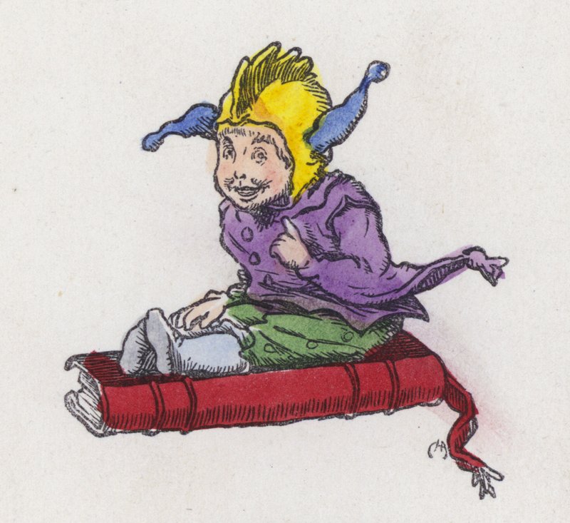 Figura sentada sobre um livro e usando um chapéu de bobo (gravura colorida) de Charles Henry (after) Bennett