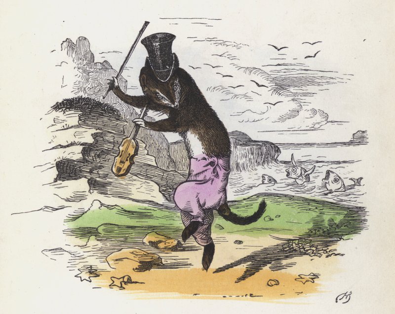 Doninha francesa tocando violino e dançando (gravura colorida) de Charles Henry (after) Bennett