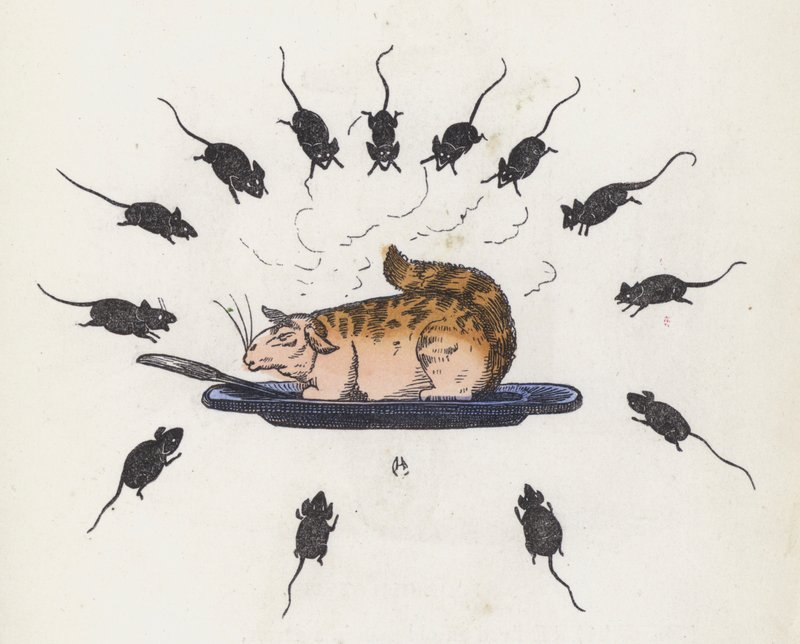 Gato glutão num prato rodeado de ratos esfomeados (gravação colorida) de Charles Henry (after) Bennett