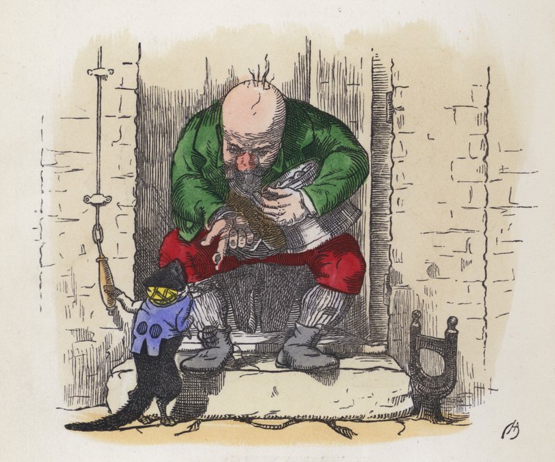 Pequeno gato preto a tocar à campainha de um homem (gravação a cores) de Charles Henry (after) Bennett