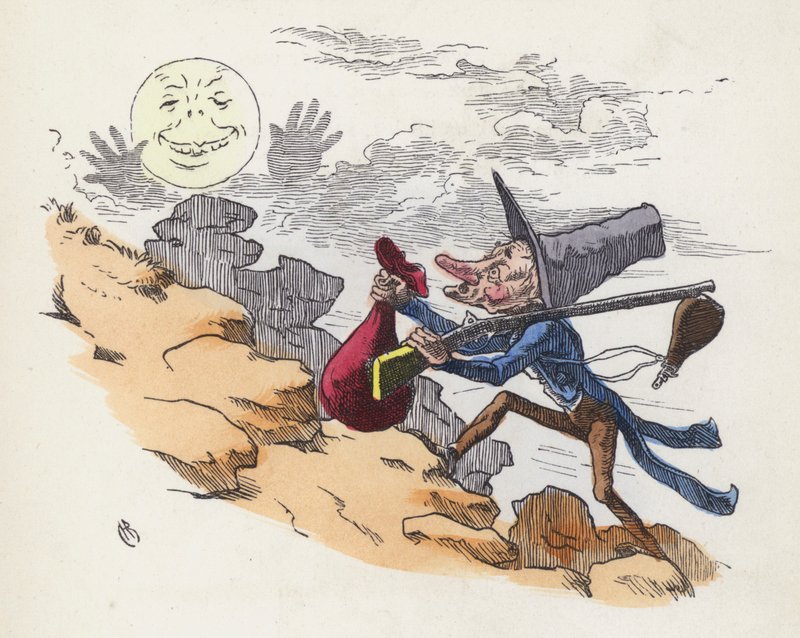 Homem escalando uma colina para atirar na Lua (gravura colorida) de Charles Henry (after) Bennett