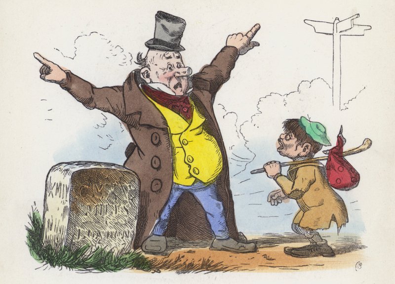 Homem dando indicações confusas a um viajante na estrada para Londres (gravura colorida) de Charles Henry (after) Bennett