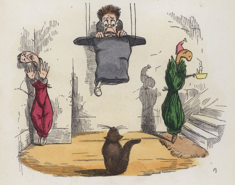 Homem pendurado no tecto com o chapéu porque tem medo de um gato (gravura colorida) de Charles Henry (after) Bennett