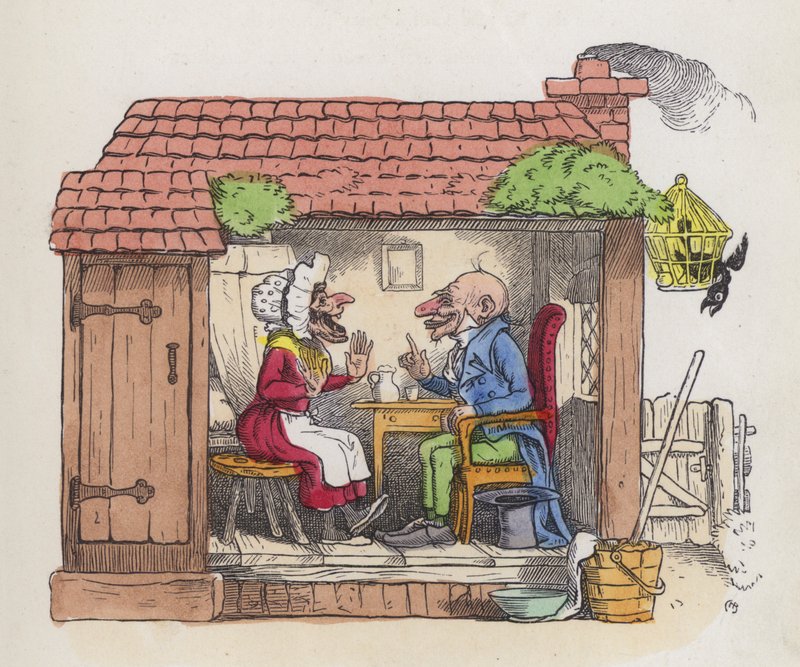 Homem a fazer rir a mulher (gravura colorida) de Charles Henry (after) Bennett