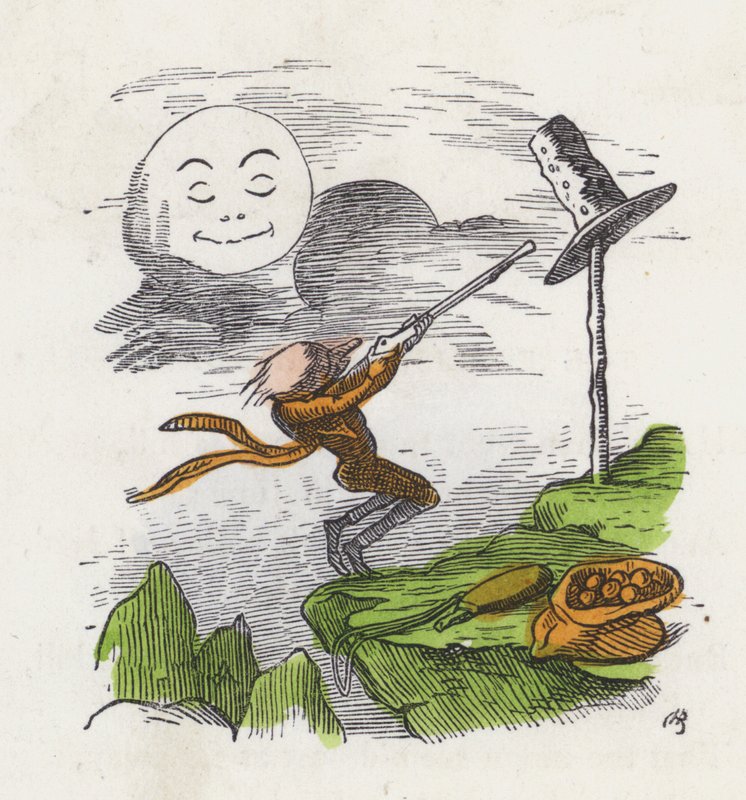 Homem atirando em seu chapéu com frustração por não conseguir acertar a Lua (gravura colorida) de Charles Henry (after) Bennett