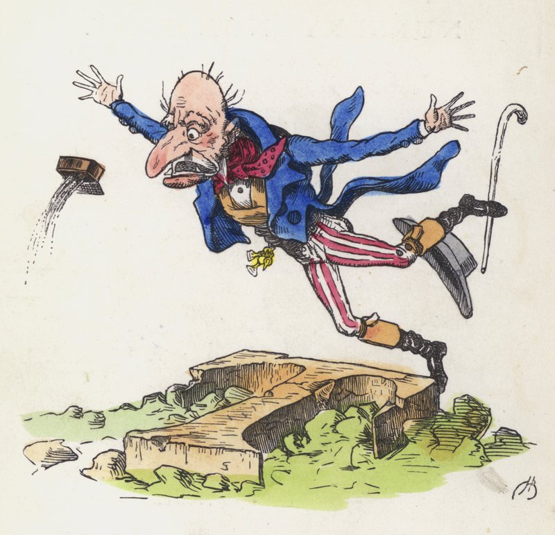 Velho tropeçando numa rocha com a forma da letra T (gravura colorida) de Charles Henry (after) Bennett