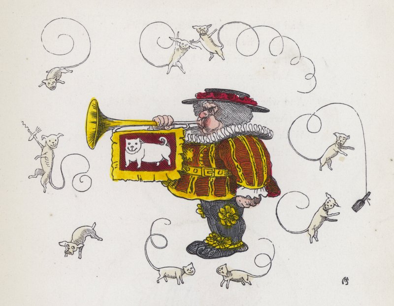 Gritador de cidade tocando trompete, rodeado de cães de cauda encaracolada (gravação colorida) de Charles Henry (after) Bennett