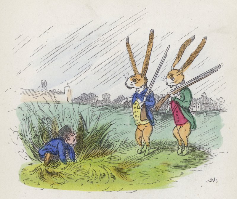 Dois coelhos antropomórficos para a caça (gravura colorida) de Charles Henry (after) Bennett
