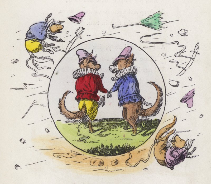 Dois cães em traje Tudor para um passeio num dia ventoso com os seus contos amarrados uns aos outros para evitar que sejam levados pelo vento (gravação colorida) de Charles Henry (after) Bennett