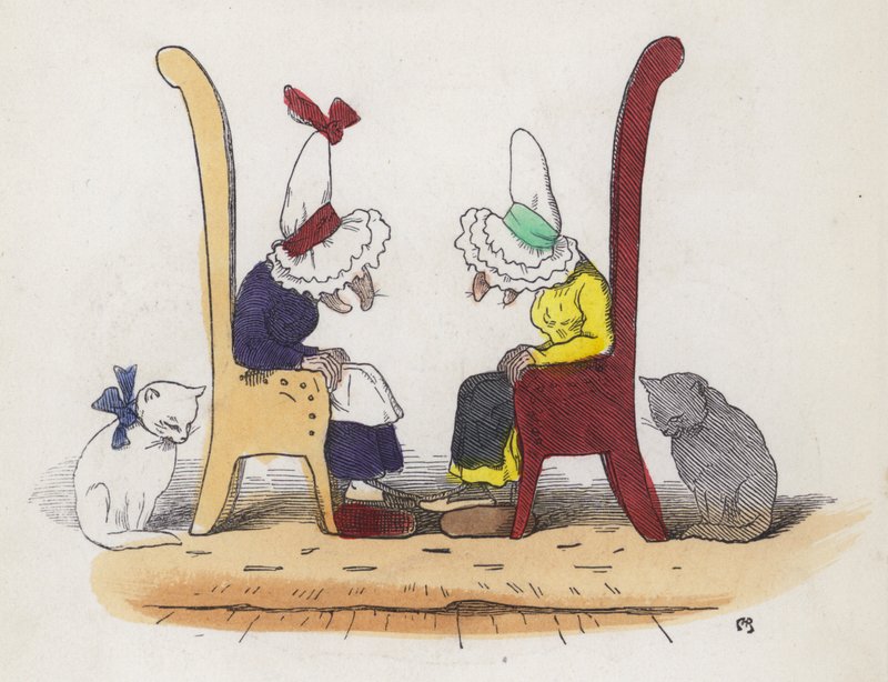 Duas velhas esposas falando e depois adormecendo (gravura colorida) de Charles Henry (after) Bennett