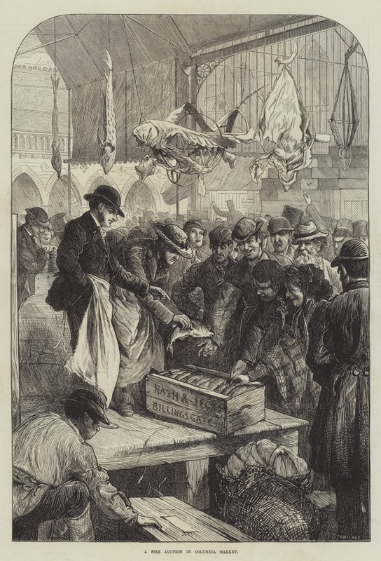 Um Leilão de Peixe no Mercado Columbia (gravura) de Charles J. (after) Staniland