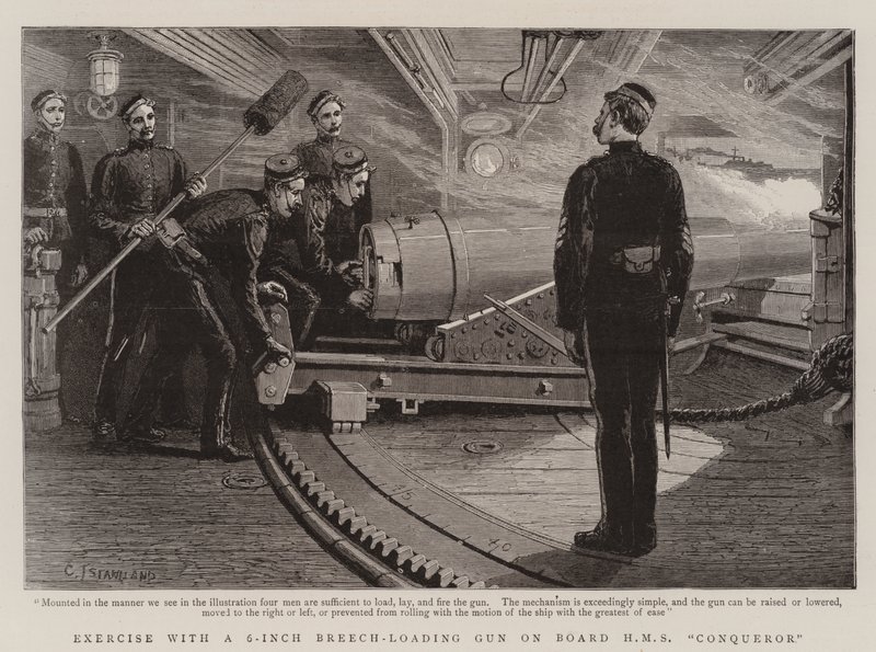 Exercício com uma arma de carregamento de culatra de 6 polegadas a bordo do HMS Conqueror de Charles J. Staniland