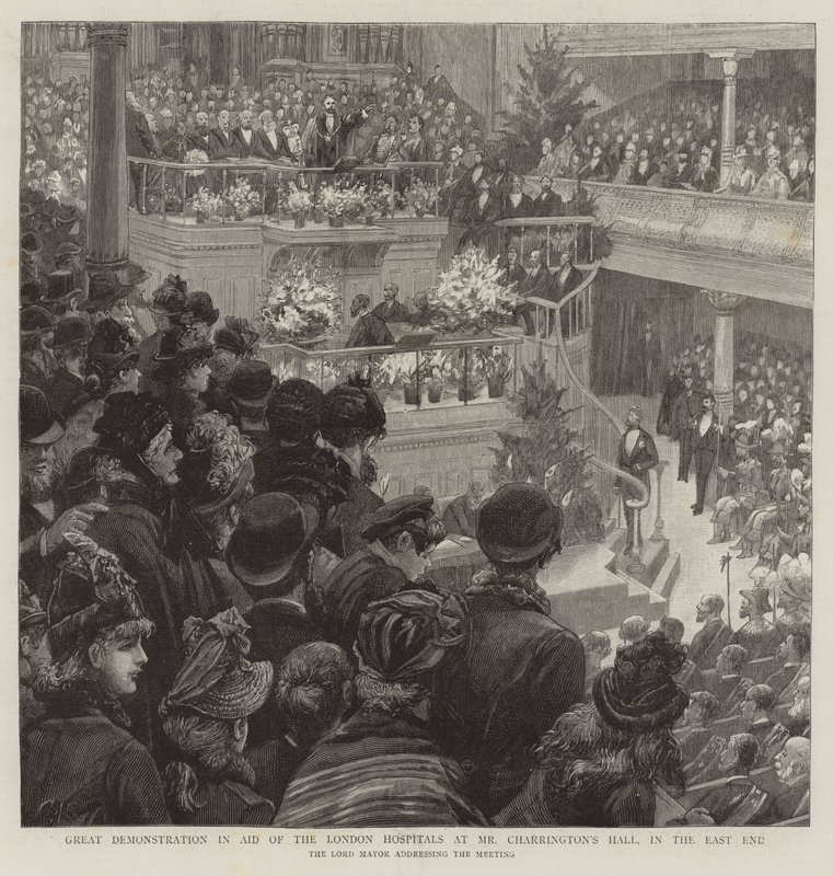 Grande demonstração na ajuda dos hospitais de Londres na sala do Sr. Charrington, no East End de Charles J. Staniland