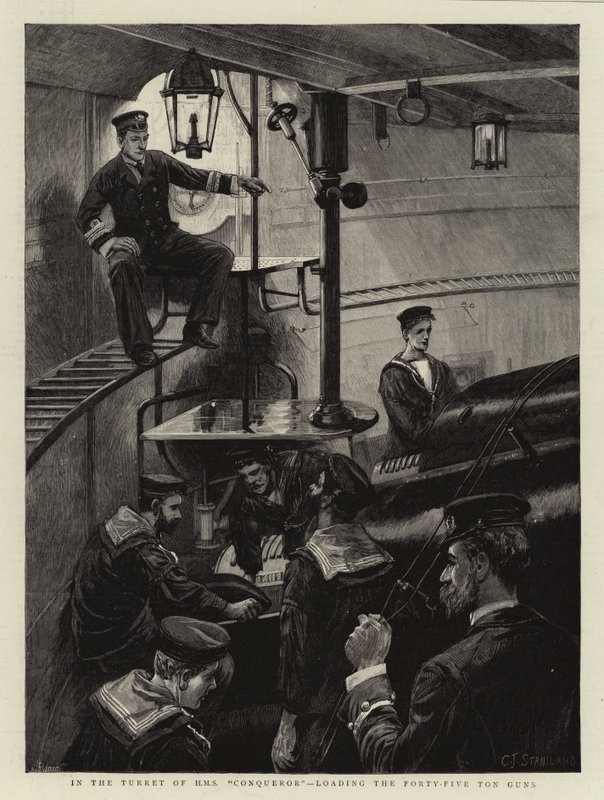 Na torre do HMS Conqueror, carregando as armas de quarenta e cinco toneladas de Charles J. Staniland