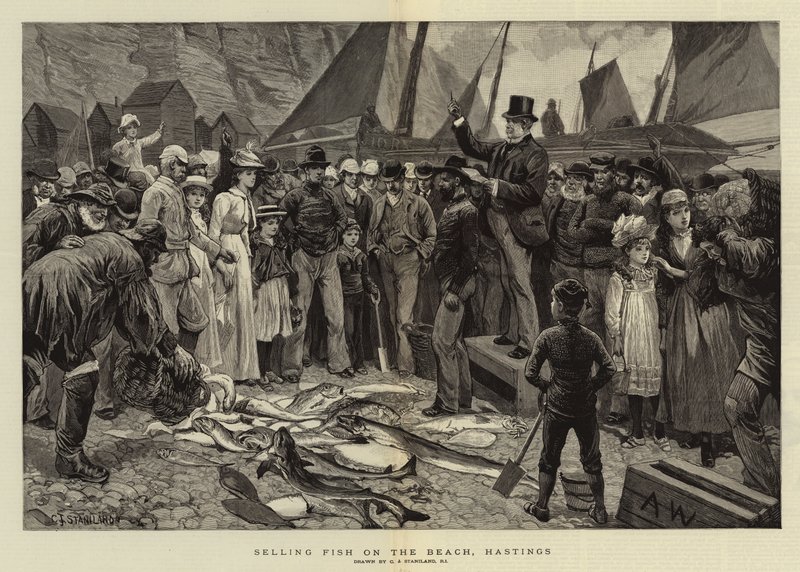Vendendo peixes na praia, Hastings de Charles J. Staniland