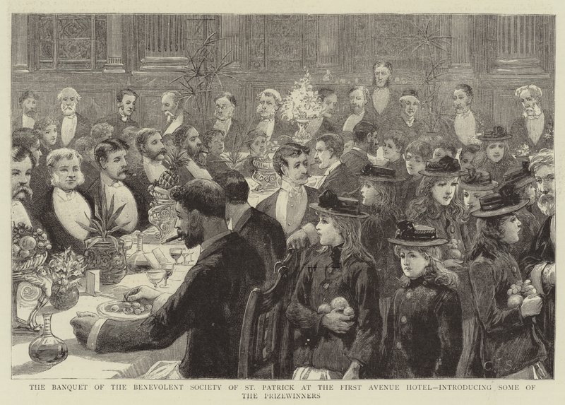 O Banquete da Sociedade Benevolente de São Patrício no Hotel First Avenue, apresentando alguns dos Premiados de Charles J. Staniland