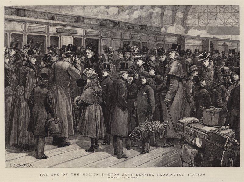 O fim dos feriados, meninos de Eton que saem da estação de Paddington de Charles J. Staniland