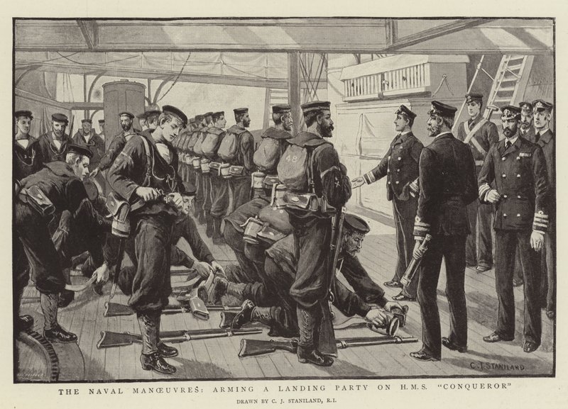 As manobras navais, armando uma festa de desembarque no HMS Conqueror de Charles J. Staniland
