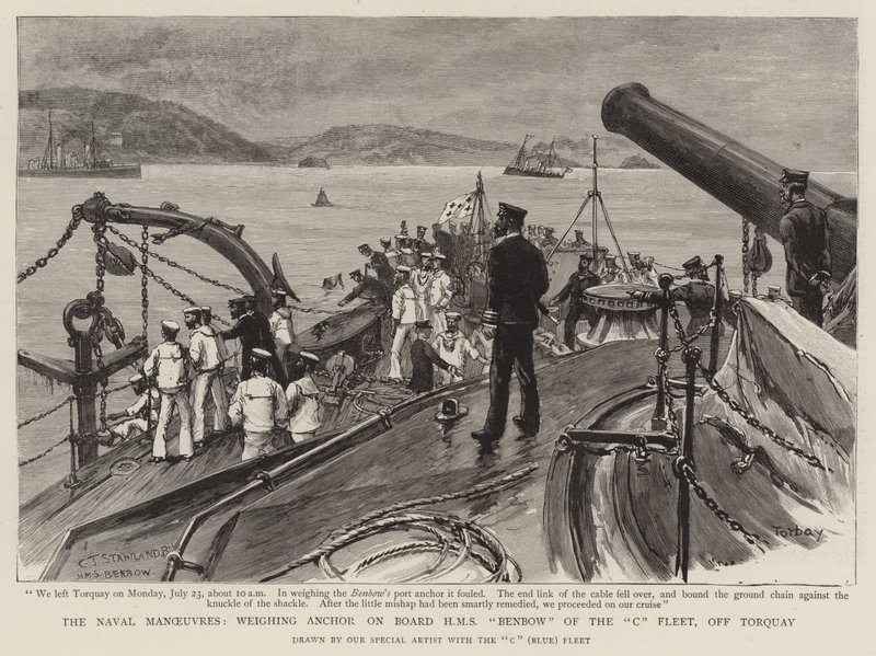 As manobras navais, pesando a âncora a bordo HMS Benbow da frota C, fora de Torquay de Charles J. Staniland