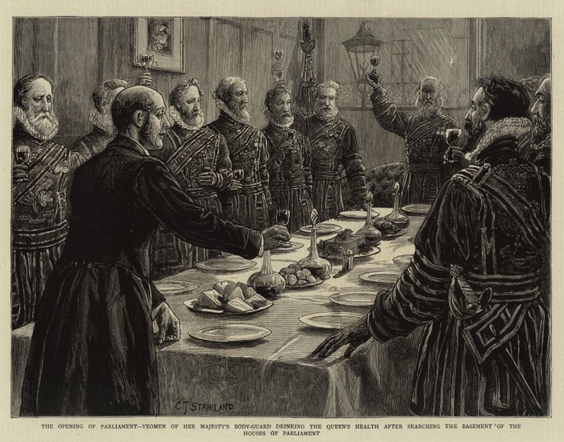 A abertura do parlamento, Yeomen do corpo-guarda de sua majestade que bebe a saúde da rainha após ter procurado o porão das casas do parlamento de Charles J. Staniland