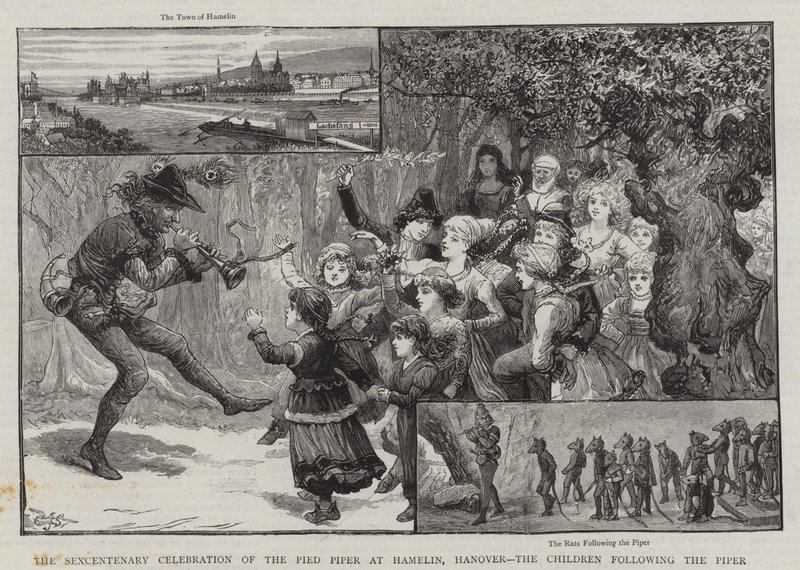 A celebração sexcentenária do flautista em Hamelin, Hanover, as crianças que seguem o gaiteiro de Charles J. Staniland