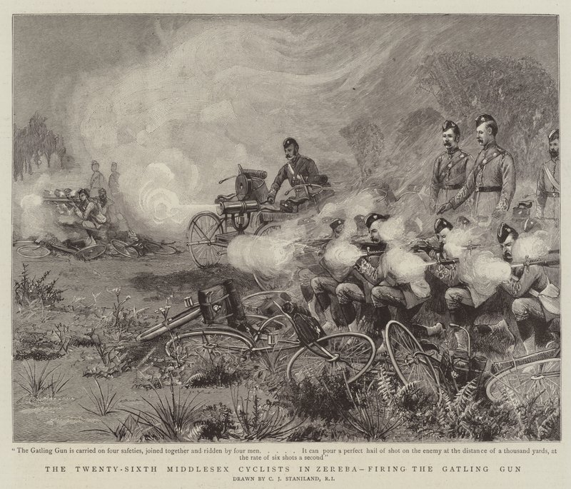 Os Vigésimos Sexto Ciclistas Middlesex em Zereba, disparando a Gatling Gun de Charles J. Staniland