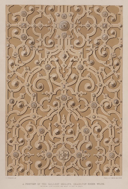 Uma porção do teto da galeria, Charlton House, Wilts, o teto tem 17 pés de largura e cerca de 115 pés de comprimento (cor litho) de Charles James Richardson