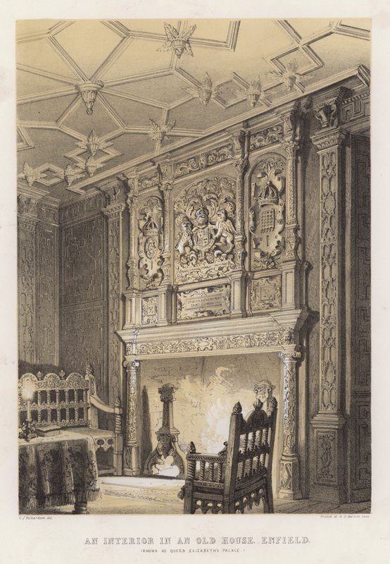 Interior de uma casa antiga, Enfield, conhecida como palácio da Rainha Elizabeth de Charles James Richardson