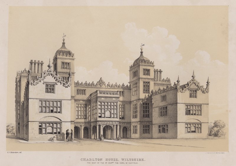 Charlton House, Wiltshire, a sede do Honorável Conde de Suffolk (cor litho) de Charles James Richardson