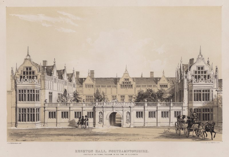 Rushton Hall, Northamptonshire, erigido por Sir Thomas Tresham, no tempo de Elizabeth (cor litho) de Charles James Richardson