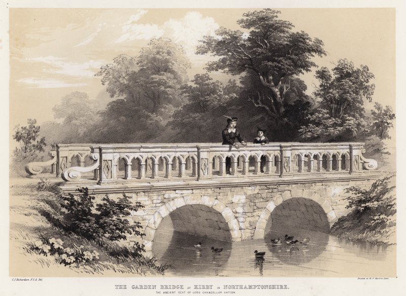 A ponte do jardim em Kirby em Northamptonshire, a antiga residência do Lord Chancellor Hatton de Charles James Richardson