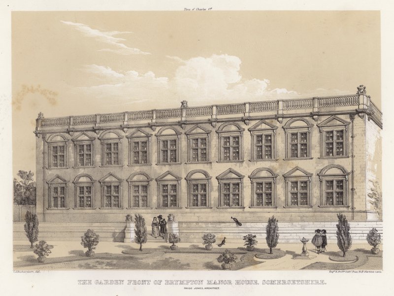 A frente do jardim do Brympton Manor House, Somersetshire, Inigo Jones, arquitecto (cor litho) de Charles James Richardson