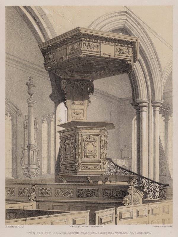 O púlpito, All Hallows Barking Church, Tower Street, Londres (cor litho) de Charles James Richardson