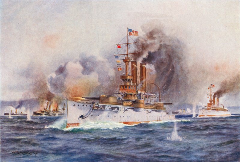 A destruição da frota espanhola no porto de Santiago (litografia a cores) de Charles John de (after) Lacy