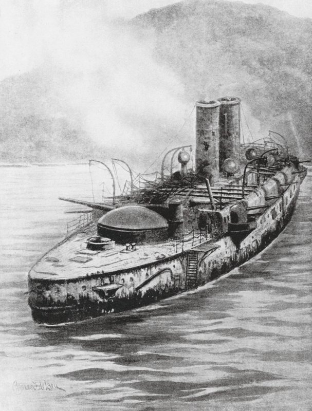 O cruzador blindado espanhol Oquendo após o combate naval de 1898 (litografia) de Charles John de (after) Lacy