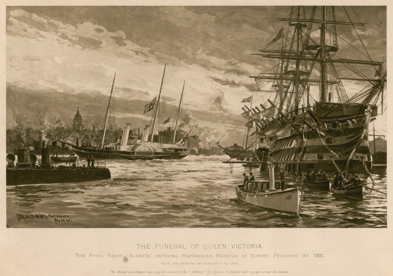 O funeral da Rainha Vitória. O Royal Yacht Alberta, carregando o corpo da rainha, entrando no porto de Portsmouth ao pôr-do-sol. de Charles John de (after) Lacy