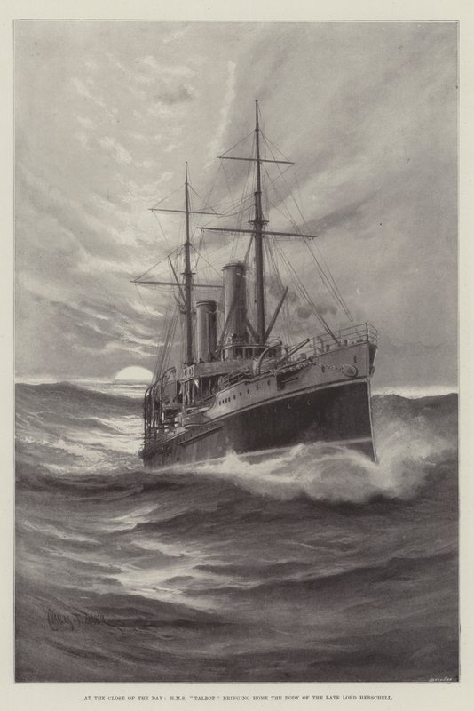 No final do dia, HMS Talbot trazendo para casa o corpo do falecido Lord Herschell de Charles John de Lacy