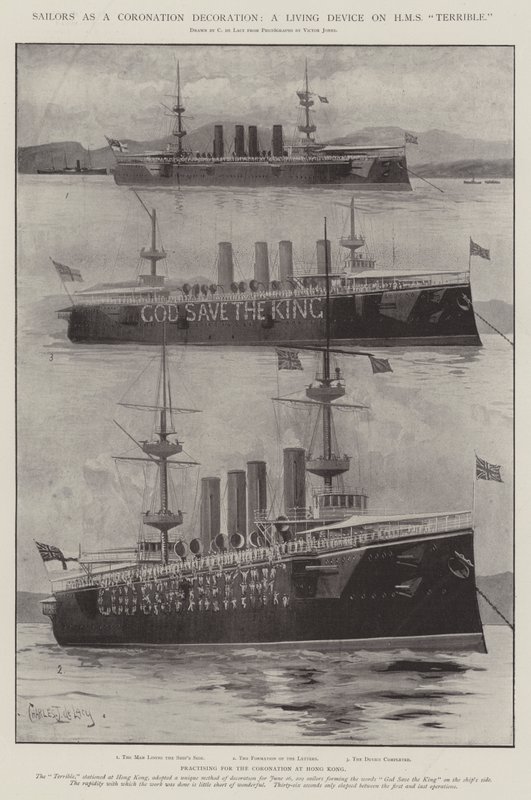 Marinheiros como decoração de coroação, um dispositivo vivo no HMS Terrible de Charles John de Lacy