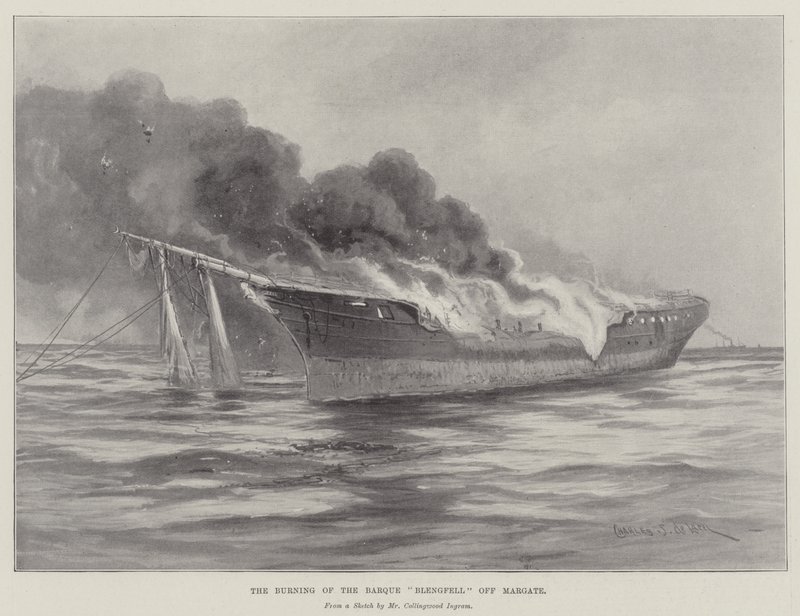 A queima da Barge Blengfell ao largo de Margate de Charles John de Lacy
