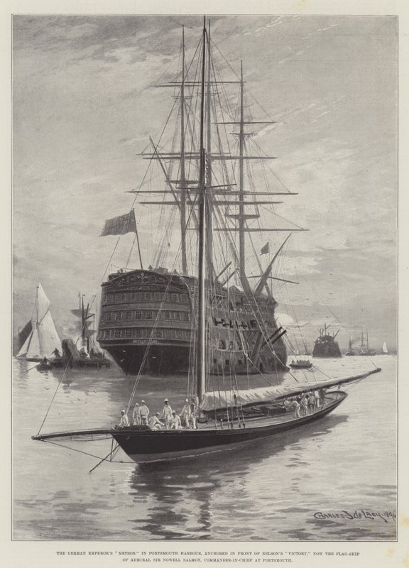 O Meteoro do Imperador Alemão no Porto de Portsmouth, ancorado em frente à Vitória de Nelson, agora o Navio-bandeira do Almirante Sir Nowell Salmon, Comandante em Chefe em Portsmouth de Charles John de Lacy