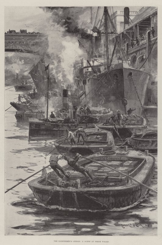 Ataque dos Lightermen, uma cena no Fresh Wharf de Charles John de Lacy