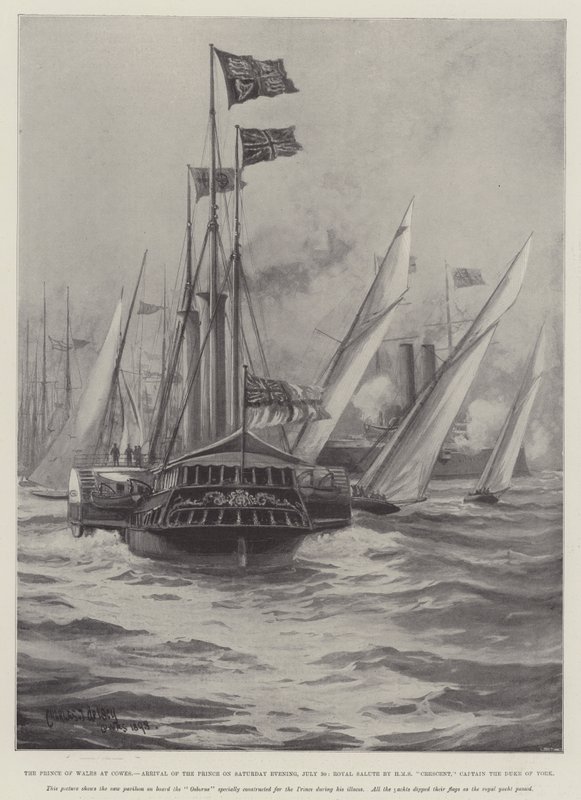 O Príncipe de Gales em Cowes, a chegada do Príncipe na noite de sábado, 30 de julho, Royal Salute por HMS Crescent, o capitão do Duque de York de Charles John de Lacy