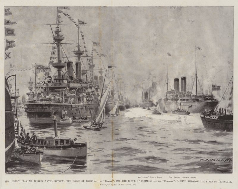 Revisão Naval do Jubileu de Diamante da Rainha, a Câmara dos Lordes (no Danúbio) e a Câmara dos Comuns (na Campânia) passando pelas Linhas de Cavaletes de Ferro de Charles John de Lacy