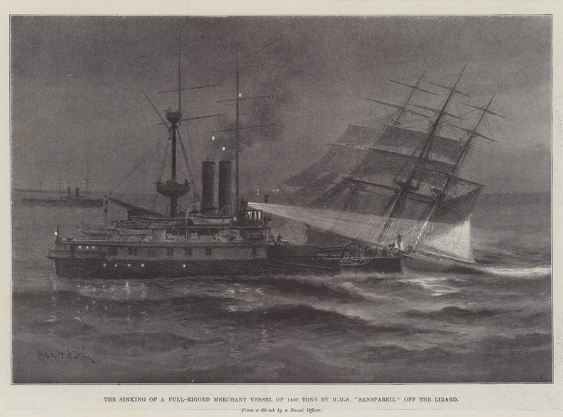 O naufrágio de um navio mercante de 1400 toneladas por HMS Sanspareil off the Lizard de Charles John de Lacy