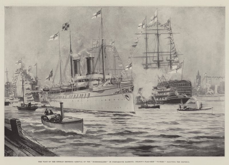 A visita do imperador alemão, chegada do Hohenzollern no porto de Portsmouth, vitória do navio-bandeira de Nelson saudando o imperador de Charles John de Lacy