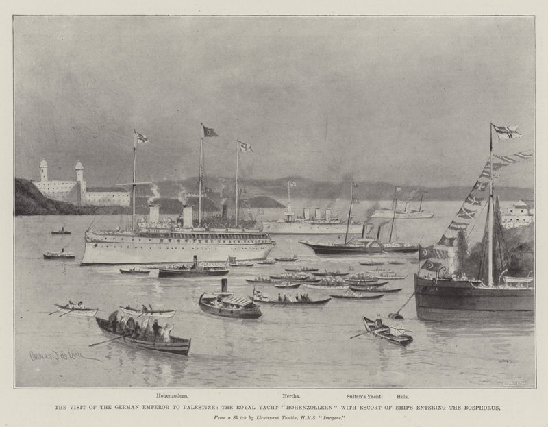 A visita do imperador alemão à Palestina, o iate real Hohenzollern com a escolta de navios que entram no Bósforo de Charles John de Lacy