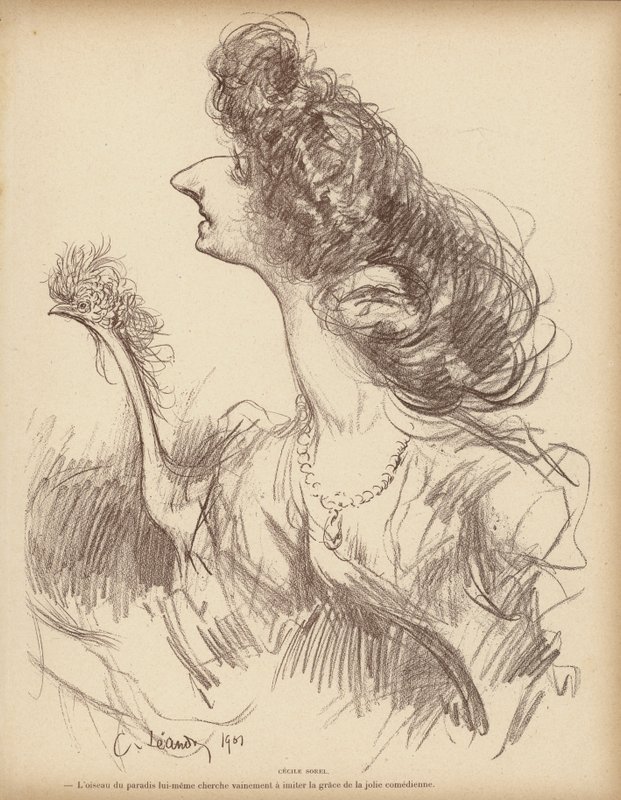 Caricatura da atriz de quadrinhos francesa Cecile Sorel (litho) de Charles Leandre