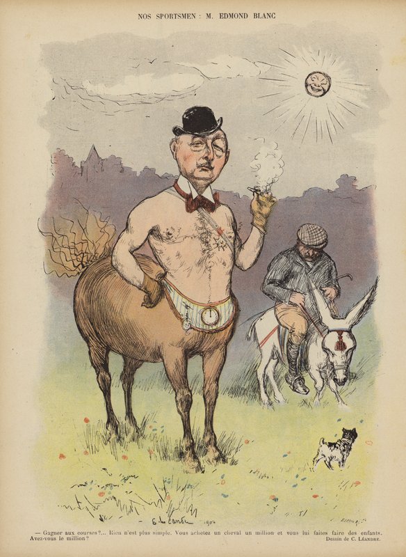Edmond Blanc, proprietário de cavalo de corrida francês e criador. Ilustração para Le Rire de Charles Leandre