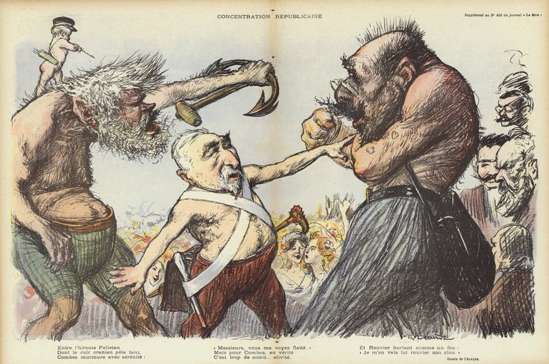 Emile Combes tentando manter Camille Pelletan e Maurice Rouvier separados, ilustração para Le Rire de Charles Leandre
