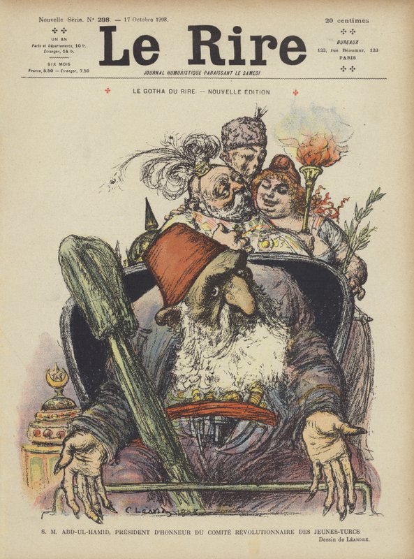 Sua Majestade Abdul Hamid, Presidente Honorário do Comitê Revolucionário dos Jovens Turcos. Ilustração para Le Rire de Charles Leandre
